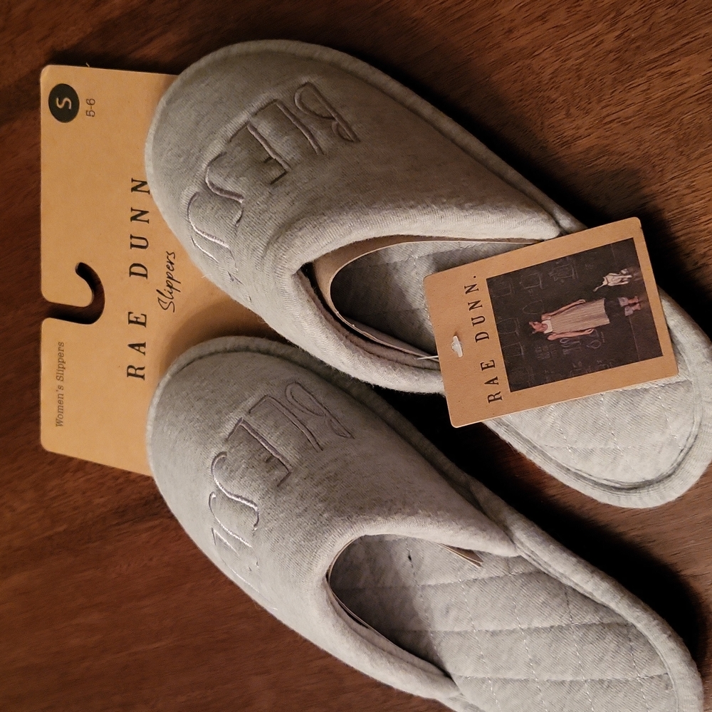 Rae Dunn Slippers. NWT. Heather Grey. "Blessed" embroidered on top. Sma…